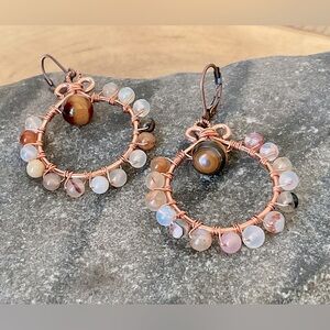 Copper gemstone hoop earrings with tigers eye and Agate,gift for her,elegant